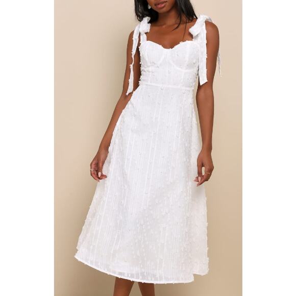 LULU'S SZ M Glamorous Element White Lurex Tie-Strap Bustier Midi Dress NEW B75 - Picture 1 of 9
